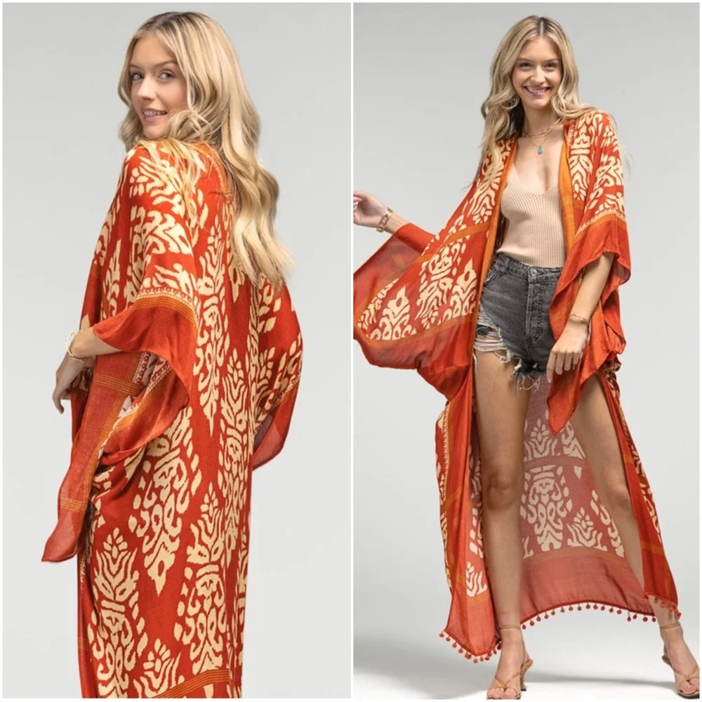 Boho Leopard print Kimono pom pom hem Cover up - Picture 1 of 4